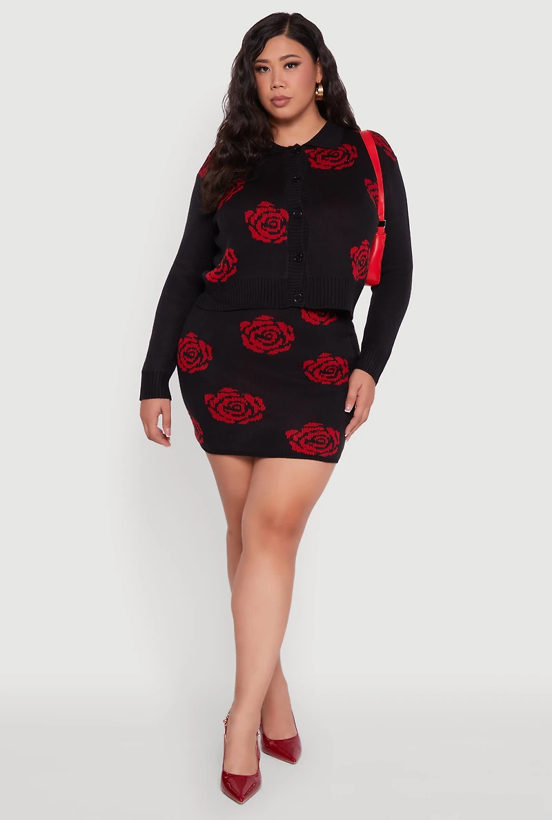 Womens Plus Size Floral Pattern Collared Button Front Cardigan, Black, Size 1X