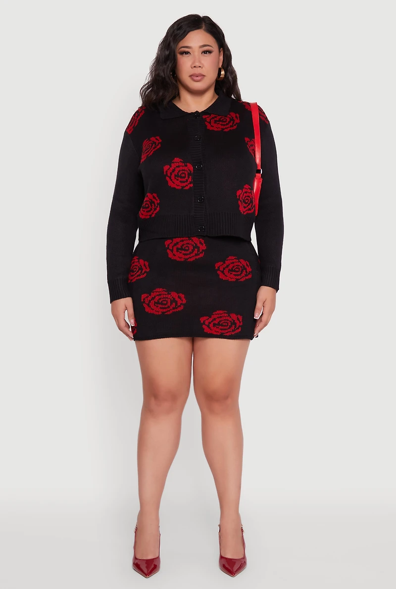 Womens Plus Size Floral Pattern Collared Button Front Cardigan, Black, Size 1X