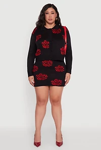 Womens Plus Size Floral Pattern Collared Button Front Cardigan, Black, Size 1X