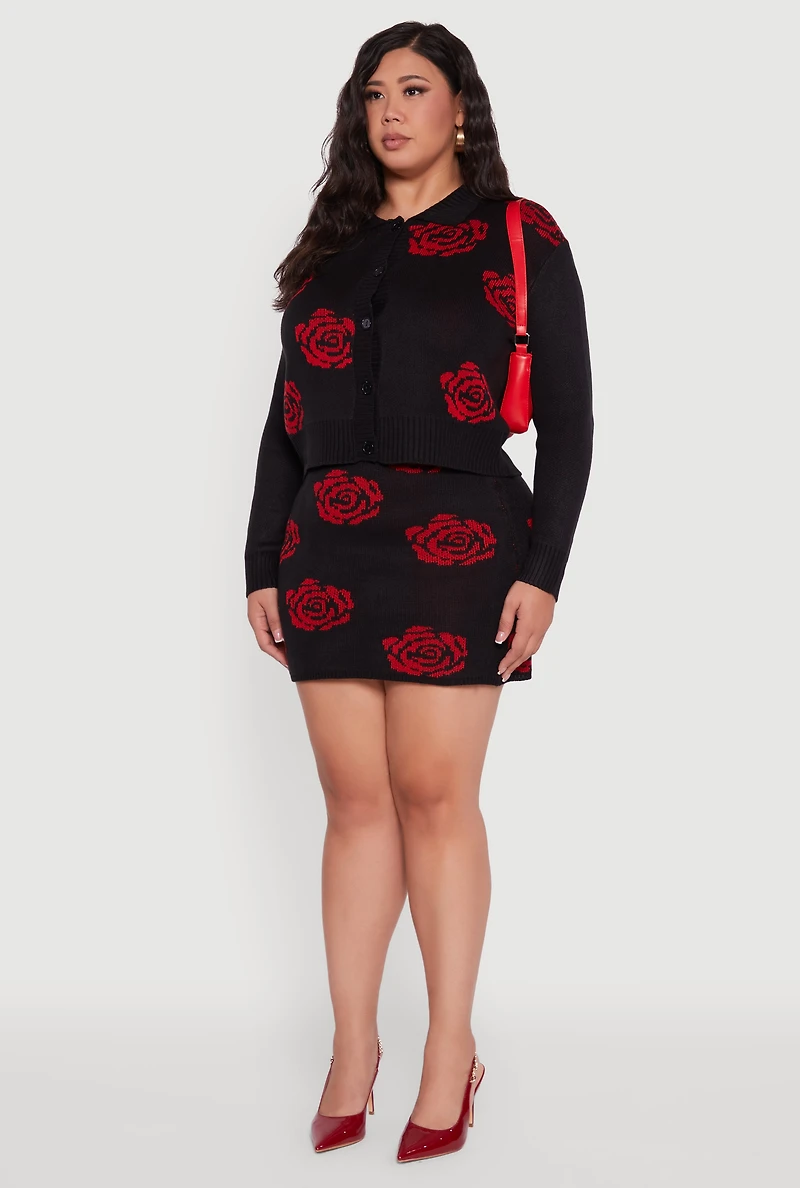 Womens Plus Size Floral Pattern Collared Button Front Cardigan, Black, Size 1X