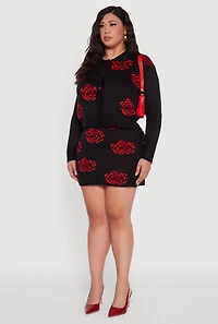 Womens Plus Size Floral Pattern Collared Button Front Cardigan, Black, Size 1X
