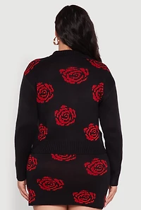 Womens Plus Size Floral Pattern Collared Button Front Cardigan, Black, Size 1X