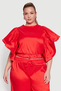 Womens Plus Size Flutter Sleeve Crop Top, Red, Size 1X