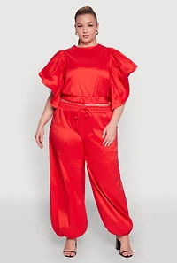 Womens Plus Size Flutter Sleeve Crop Top, Red, Size 1X