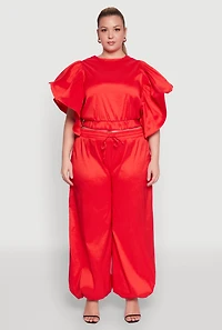 Womens Plus Size Flutter Sleeve Crop Top, Red, Size 1X