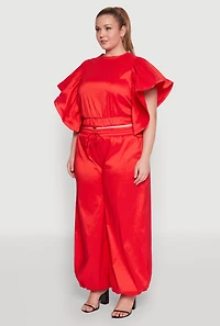 Womens Plus Flutter Sleeve Crop Top, Red,