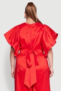 Womens Plus Size Flutter Sleeve Crop Top, Red, Size 1X