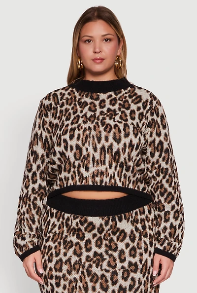 Womens Plus Size Leopard Print Cropped Sweater, Brown, Size 2X