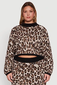 Womens Plus Size Leopard Print Cropped Sweater, Brown, Size 2X