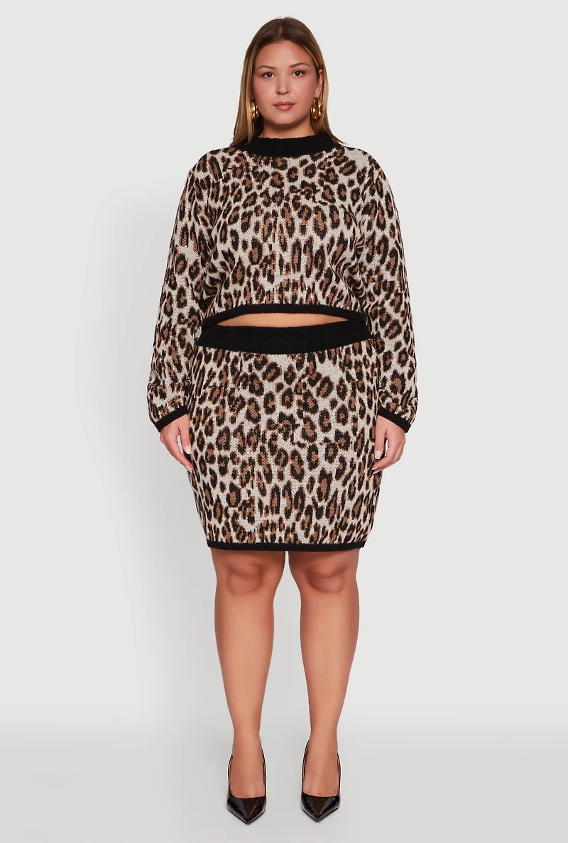 Womens Plus Size Leopard Print Cropped Sweater, Brown, Size 2X