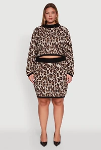 Womens Plus Size Leopard Print Cropped Sweater, Brown, Size 2X