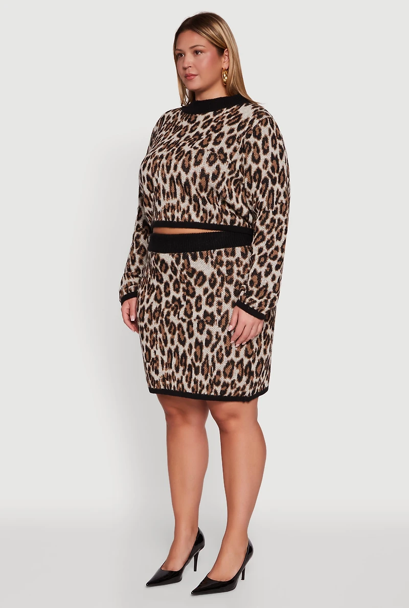 Womens Plus Size Leopard Print Cropped Sweater, Brown, Size 2X