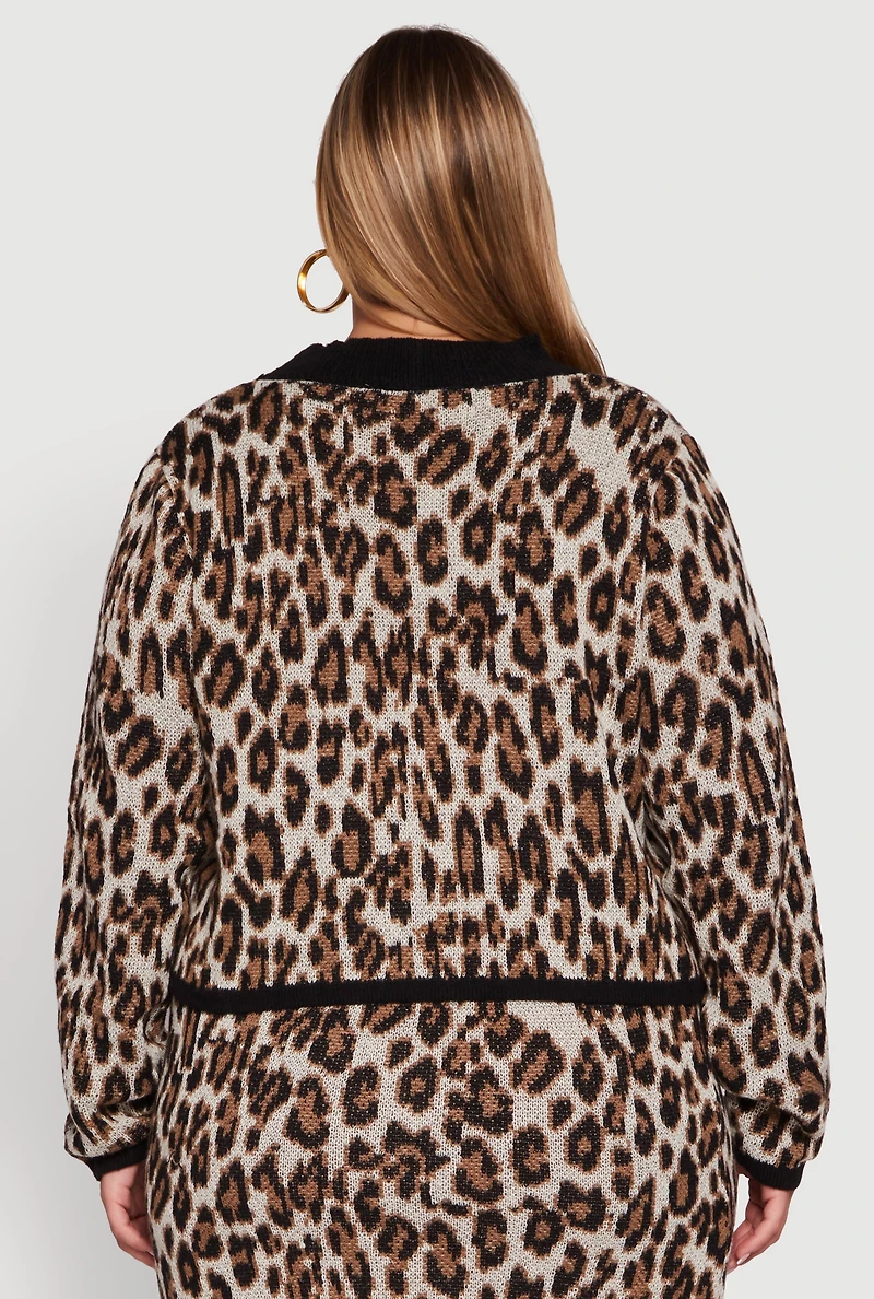 Womens Plus Size Leopard Print Cropped Sweater, Brown, Size 2X