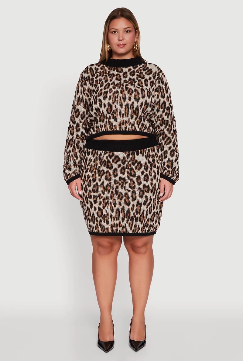Womens Plus Size Leopard Print Pencil Skirt, Brown, Size 1X