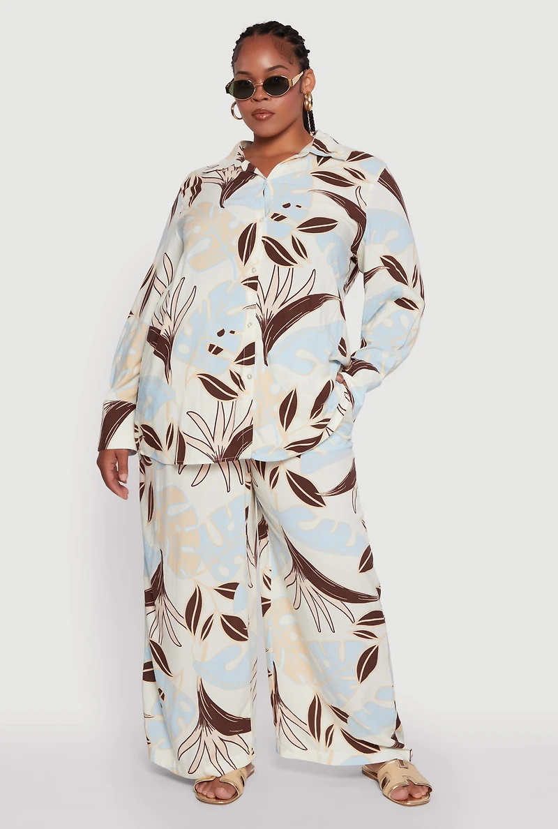 Womens Plus Size High Waisted Leaf Print Palazzo Pants, Multi, Size 3X
