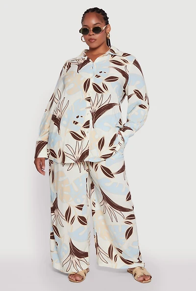 Womens Plus Size High Waisted Leaf Print Palazzo Pants, Multi, Size 3X