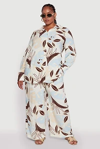 Womens Plus Size High Waisted Leaf Print Palazzo Pants, Multi, Size 3X