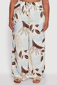 Womens Plus Size High Waisted Leaf Print Palazzo Pants, Multi, Size 3X