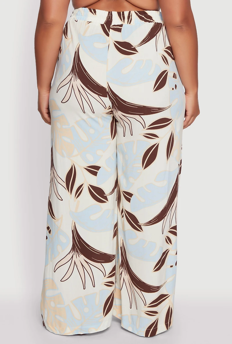 Womens Plus Size High Waisted Leaf Print Palazzo Pants, Multi, Size 1X