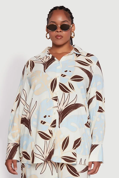 Plus Leaf Print Button Front Long Sleeve Shirt