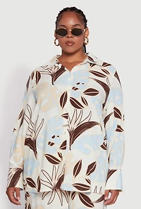 Plus Leaf Print Button Front Long Sleeve Shirt