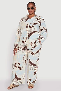 Womens Plus Size Leaf Print Button Front Long Sleeve Shirt, Multi, Size 2X
