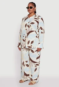 Womens Plus Size Leaf Print Button Front Long Sleeve Shirt, Multi, Size 2X