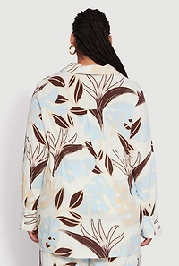 Womens Plus Size Leaf Print Button Front Long Sleeve Shirt, Multi, Size 2X