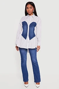 Denim Corset Detail Button Down Long Sleeve Blouse