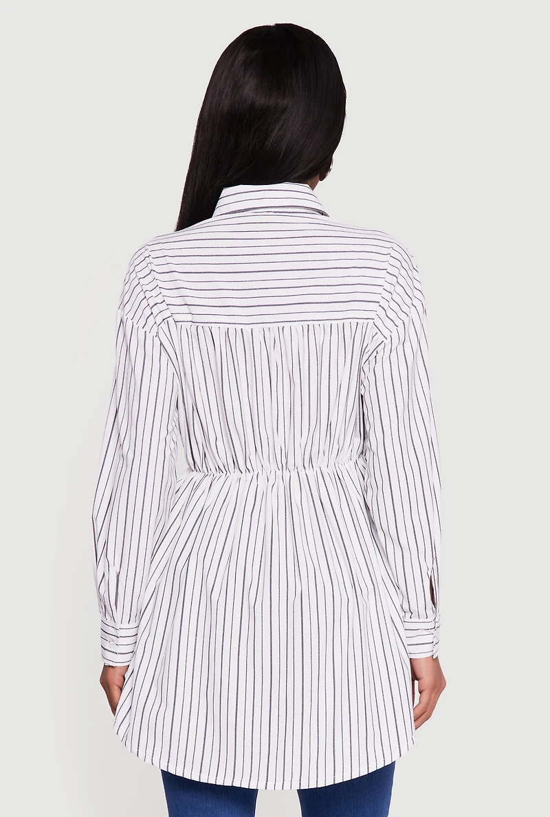 Denim Corset Detail Button Down Long Sleeve Blouse