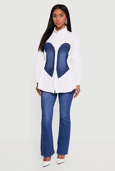 Denim Corset Detail Button Down Long Sleeve Blouse