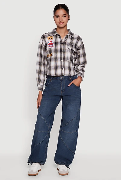 Womens Plaid Flannel Patch Detail Cropped Button Front Shirt, Multi, Size M