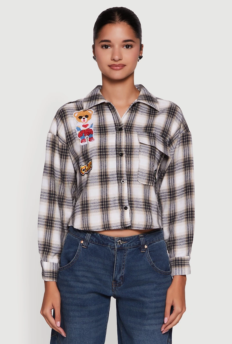 Womens Plaid Flannel Patch Detail Cropped Button Front Shirt, Multi, Size M