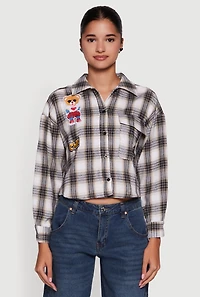 Womens Plaid Flannel Patch Detail Cropped Button Front Shirt, Multi, Size M