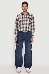 Womens Plaid Flannel Patch Detail Cropped Button Front Shirt, Multi, Size M