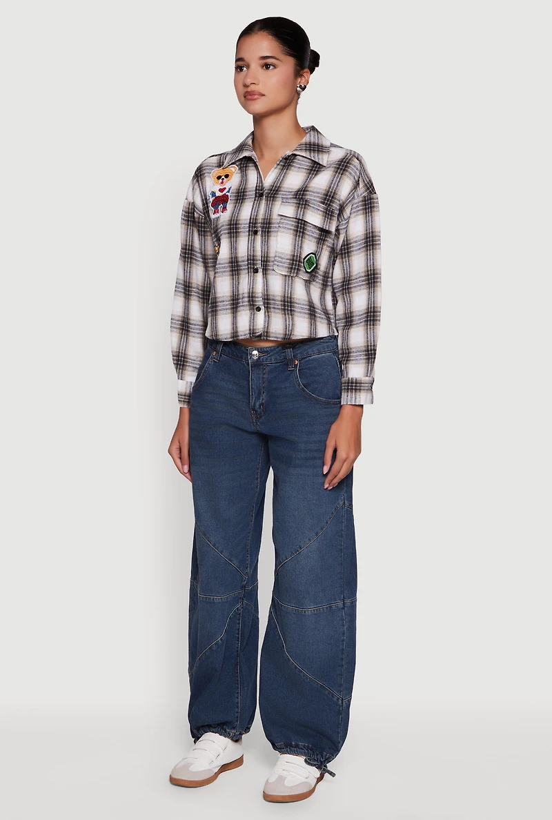 Womens Plaid Flannel Patch Detail Cropped Button Front Shirt, Multi, Size M