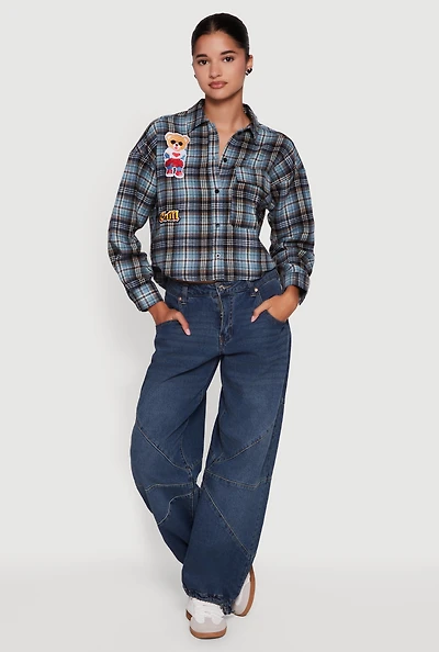 Womens Plaid Flannel Patch Detail Cropped Button Front Shirt,
