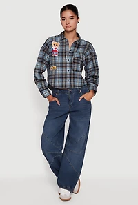 Womens Plaid Flannel Patch Detail Cropped Button Front Shirt,