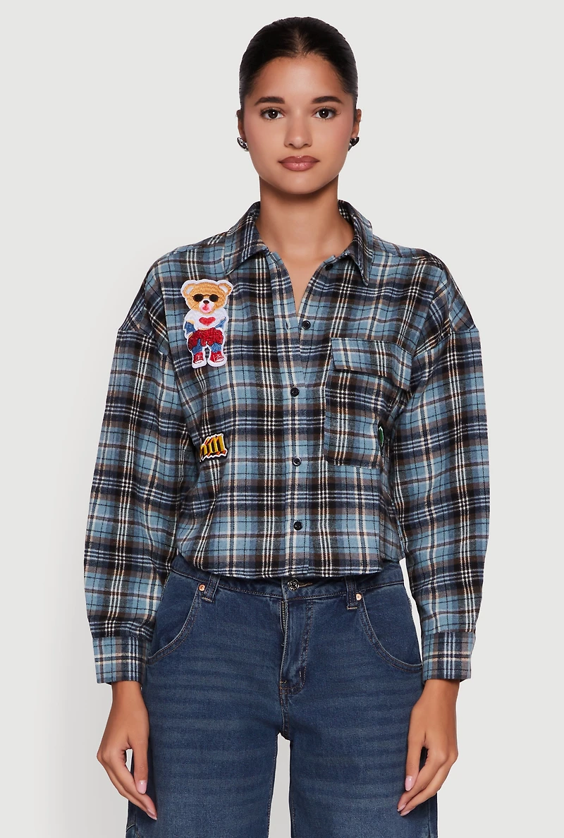 Womens Plaid Flannel Patch Detail Cropped Button Front Shirt,