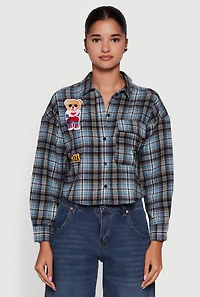 Womens Plaid Flannel Patch Detail Cropped Button Front Shirt,