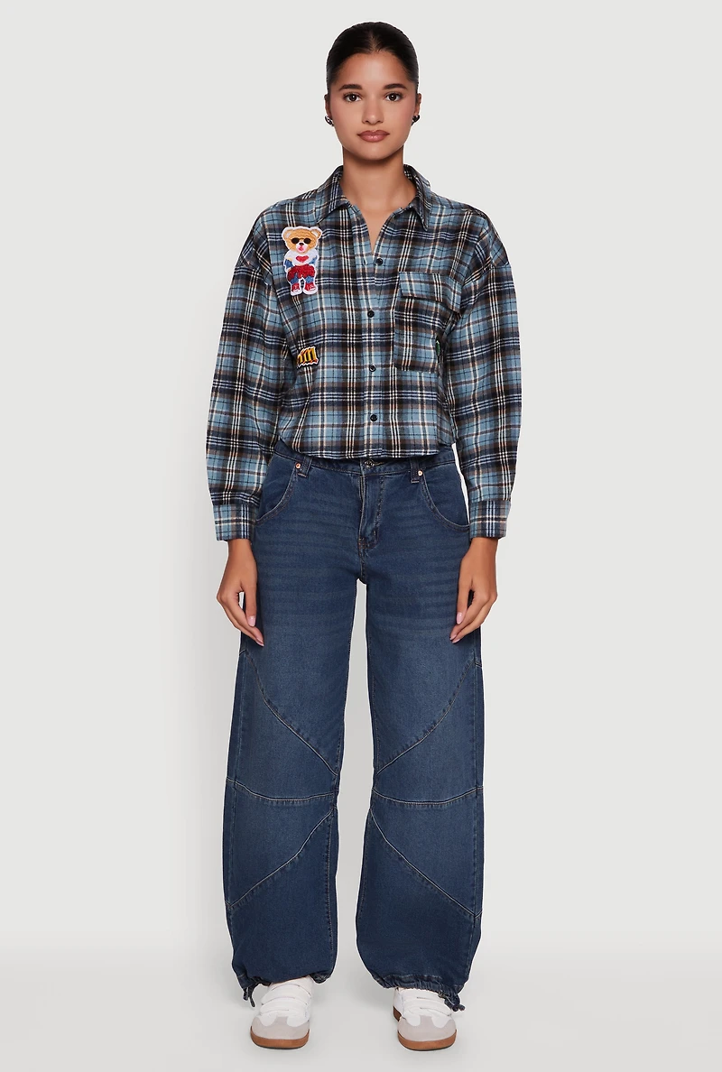 Womens Plaid Flannel Patch Detail Cropped Button Front Shirt,