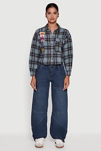 Womens Plaid Flannel Patch Detail Cropped Button Front Shirt,