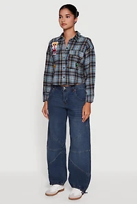 Womens Plaid Flannel Patch Detail Cropped Button Front Shirt,