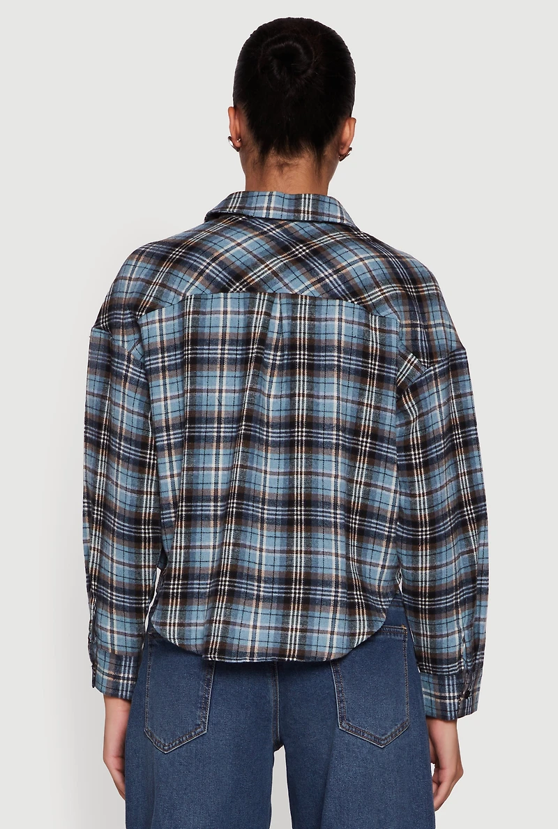 Womens Plaid Flannel Patch Detail Cropped Button Front Shirt,