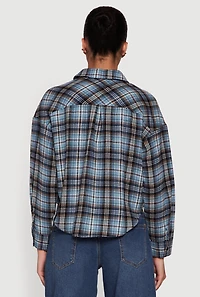 Womens Plaid Flannel Patch Detail Cropped Button Front Shirt,