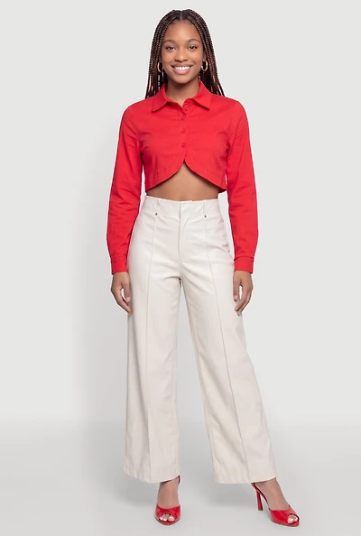 Button Front Tulip Hem Cropped Shirt