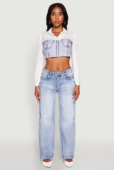 Womens Bustier Denim Illusion Graphic Cropped Shirt, Multi, Size L