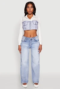 Womens Bustier Denim Illusion Graphic Cropped Shirt, Multi, Size M
