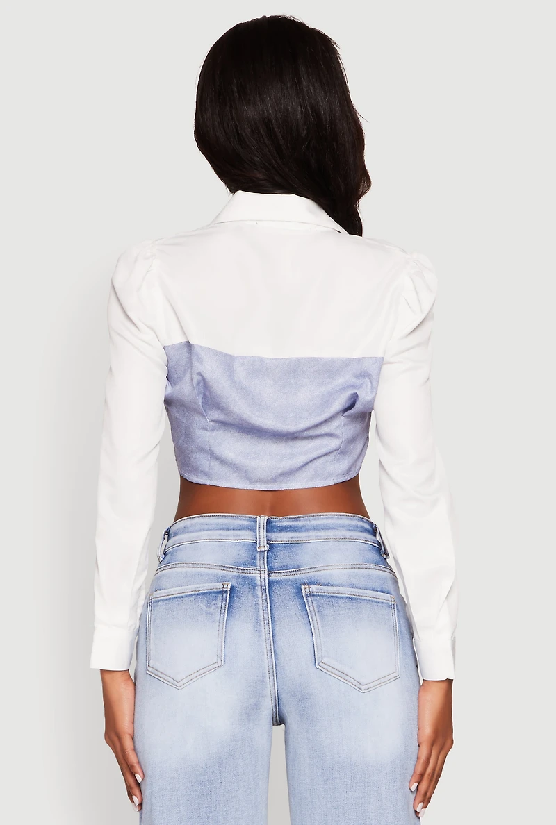 Womens Bustier Denim Illusion Graphic Cropped Shirt, Multi, Size M