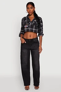 Womens 1986 Lightning Patch Plaid Cropped Button Front Shirt, Black, Size L